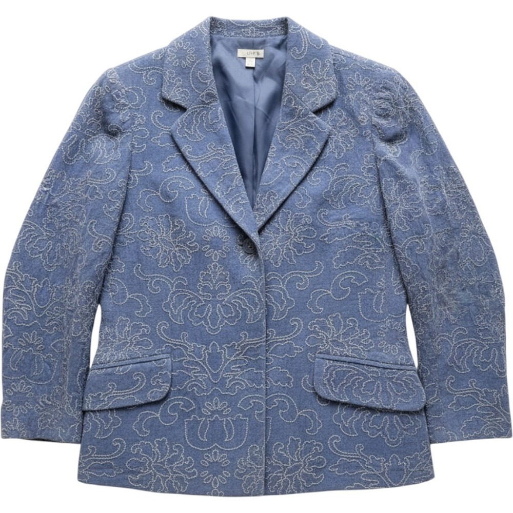 J. Jill Pure Jill Blue Velvet Damask Embroidered Blazer Jacket Size L Floral